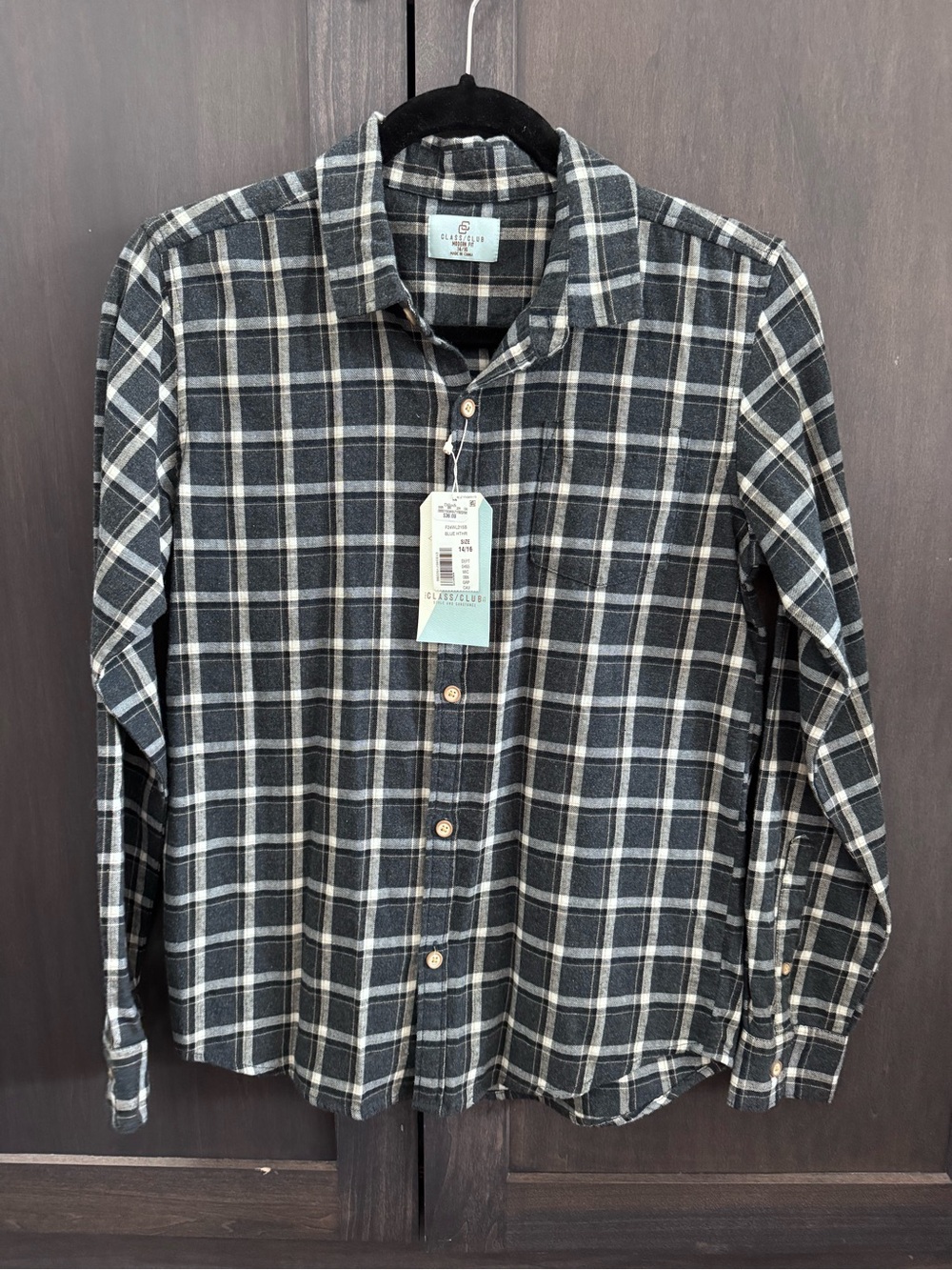 NWT Class Club Kids 14/16 Black and BLUE Plaid Button-Down Shirt